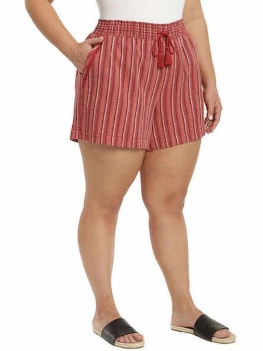 Briggs Red Striped Linen Blend Shorts Sz Large Elastic Waist Pull On Tassel Tie